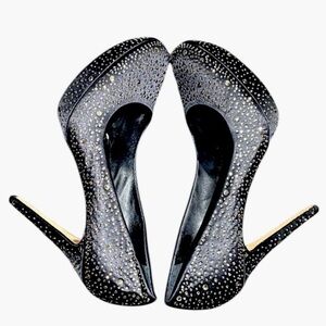 BCBG Black Satin and Pale Gold Studded Platform Heels Shoes Size 10